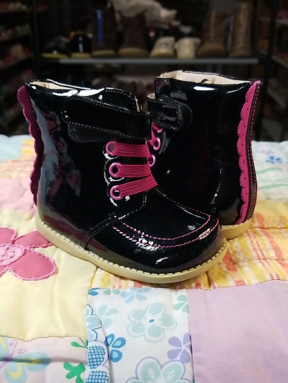 Livie & Luca Black Patent Leather Boots with Pink Suede Trim & Elastic Laces 4